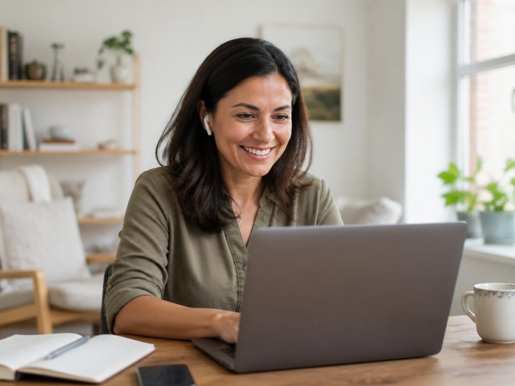 Smiling adult student working on a laptop