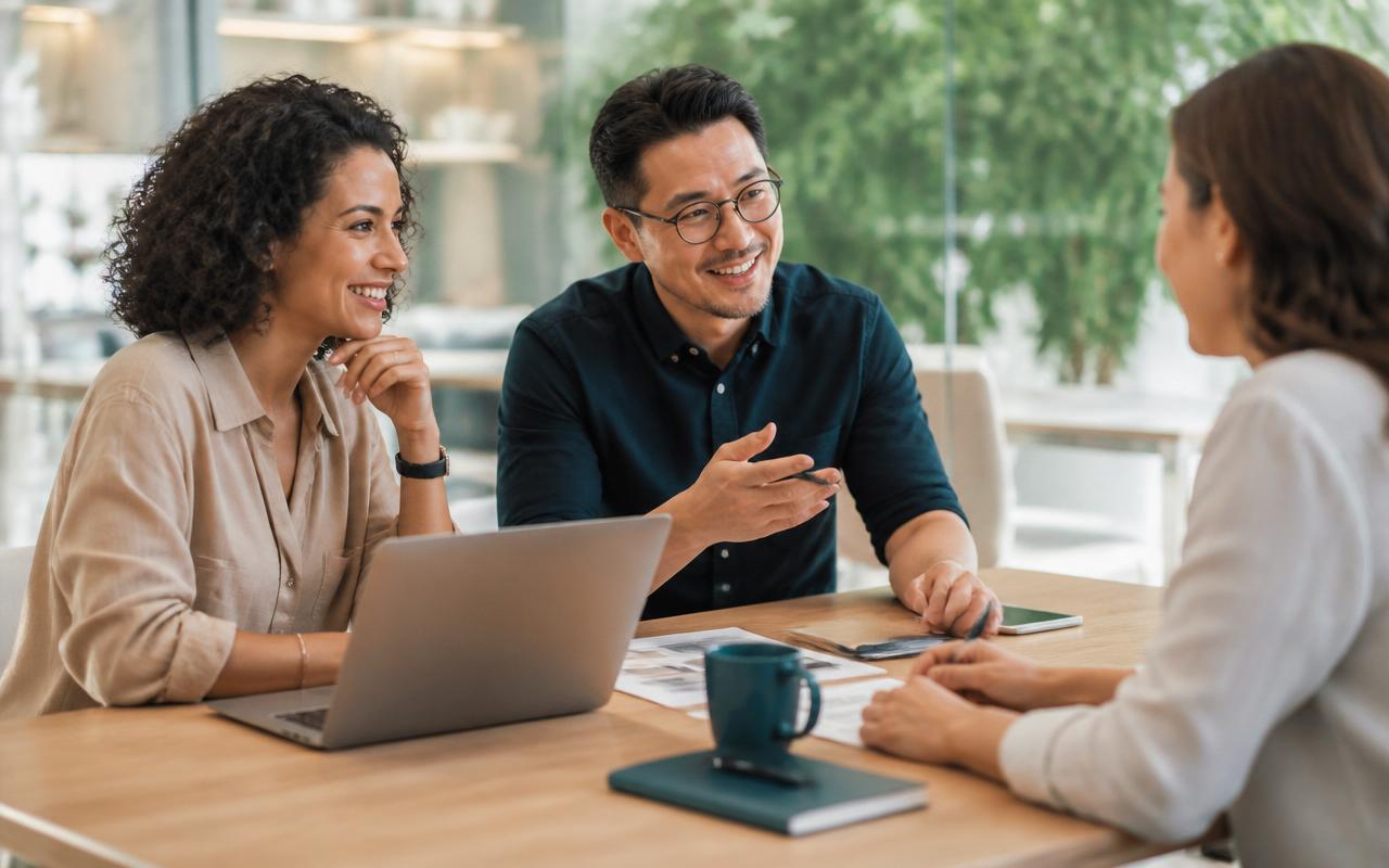 Two professionals reviewing a partnership plan in a modern office